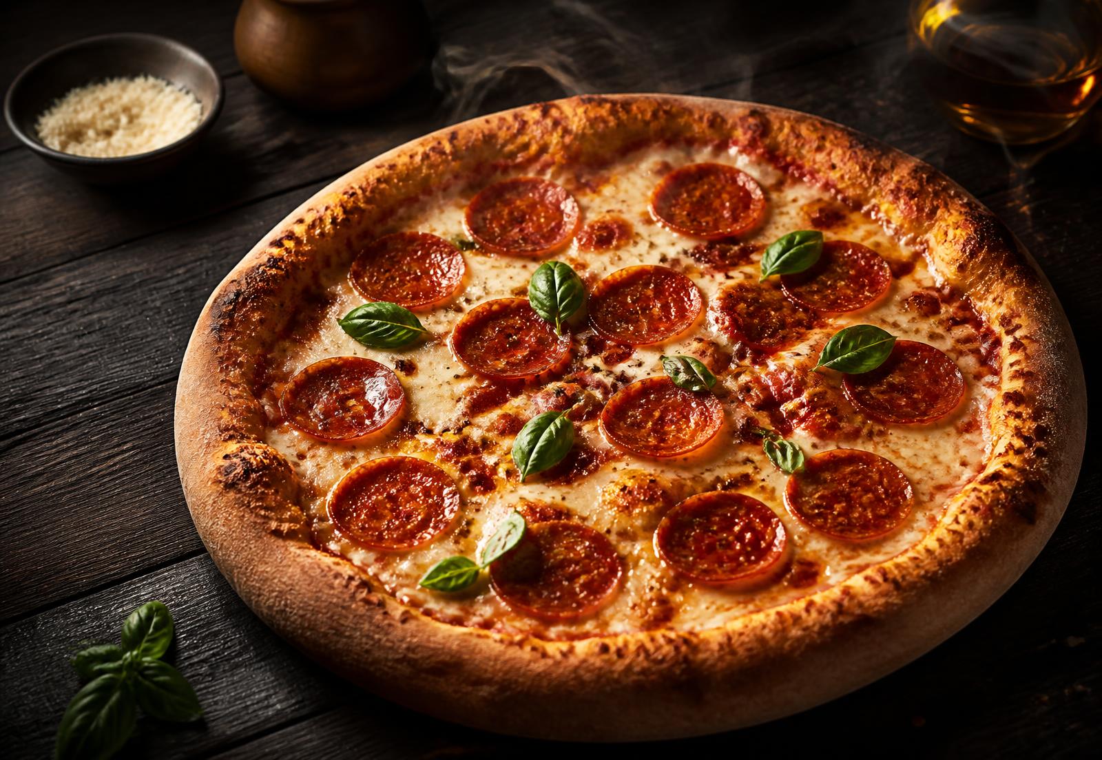 Freshly baked pepperoni pizza on a dark wooden table